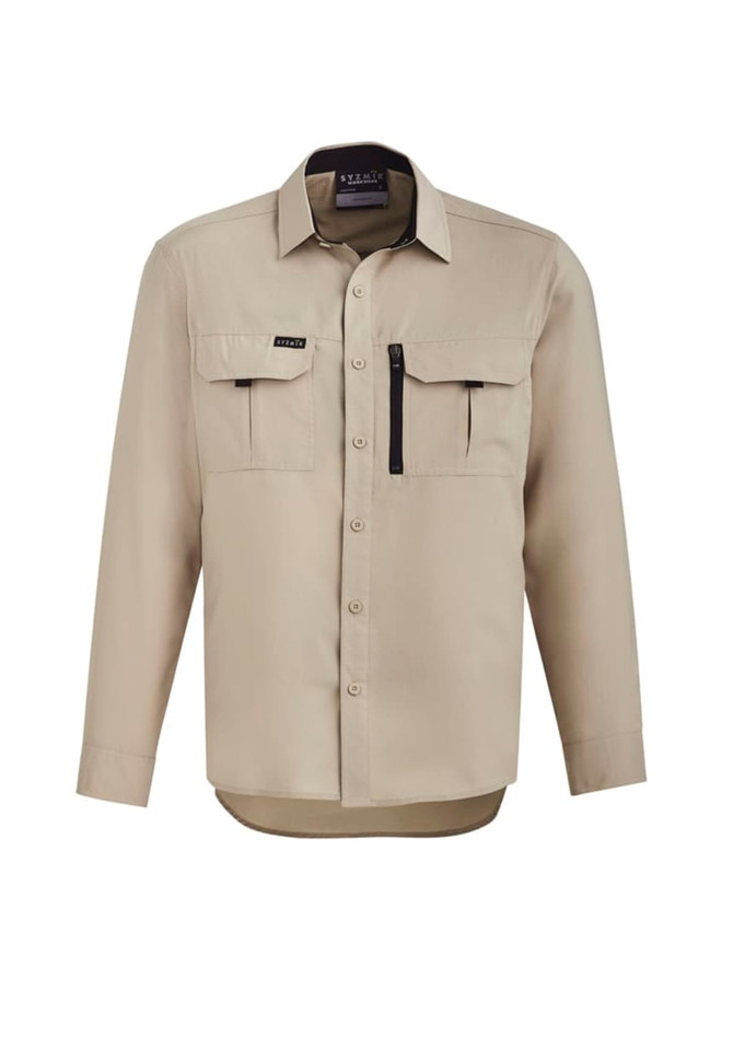A beige men's outdoor long sleeve button-up shirt with two front pockets and a zip pocket, featuring a logo.