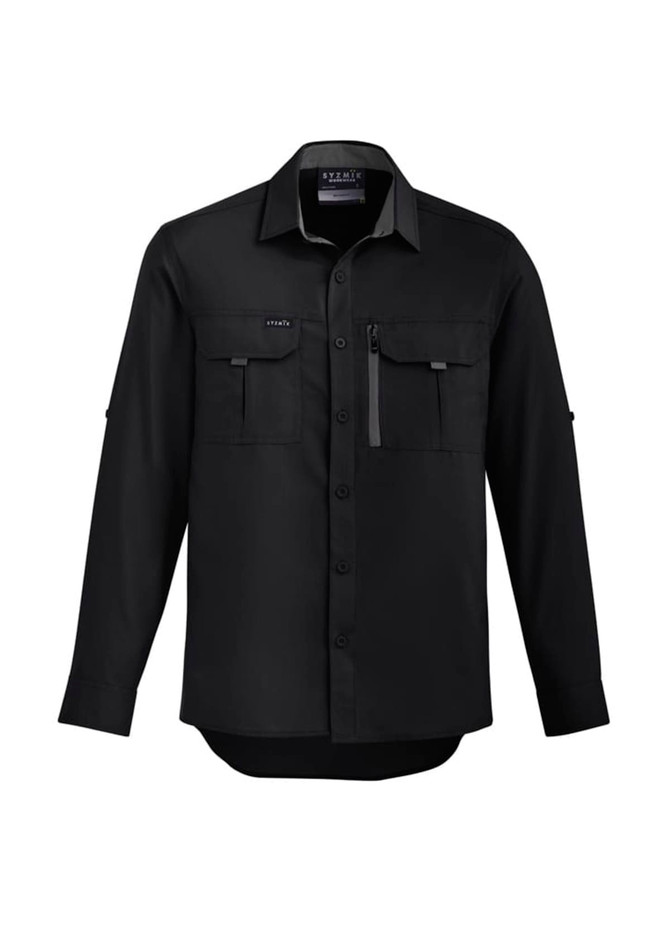 A black long sleeve button-up shirt with two front pockets and a zip pocket, featuring a logo on the upper left.