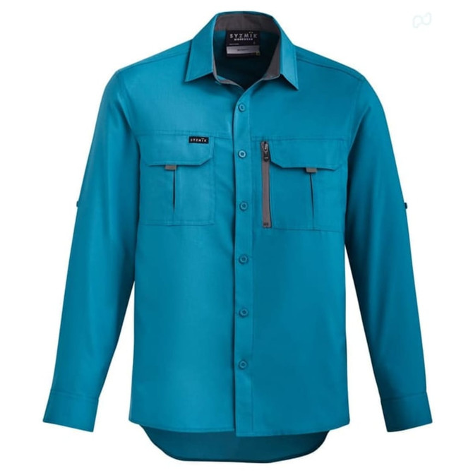 A men's long sleeve outdoor shirt in teal, featuring a button-up front and two chest pockets. It has a logo on it.