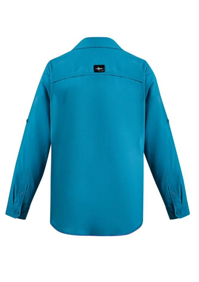A long sleeve button-up shirt in a vibrant teal colour, featuring a logo at the back.