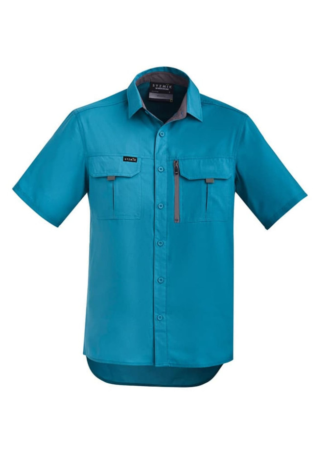 A short sleeve button-up shirt in a vibrant turquoise colour, featuring a chest pocket and logo.