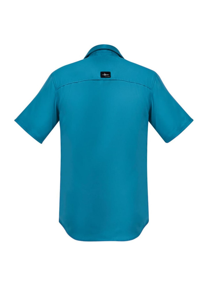 A back view of a teal men's short sleeve button-up shirt featuring a logo.
