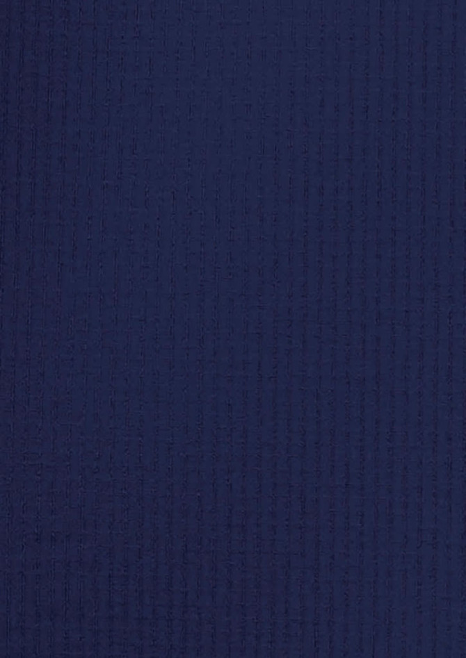 A navy blue short sleeve button-up shirt with a textured fabric, featuring a logo.