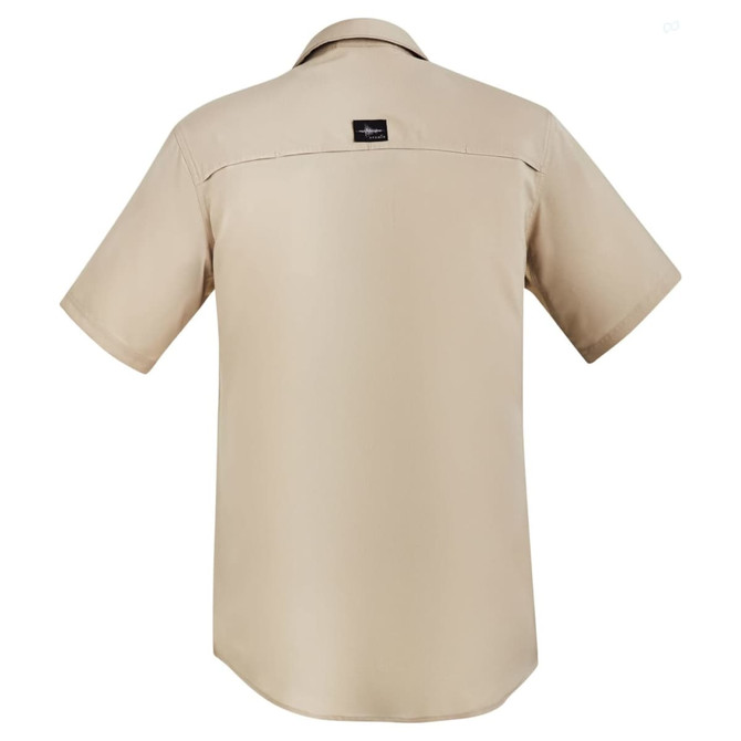 A short sleeve men's outdoor button-up shirt in a light beige colour, featuring a logo on the back.