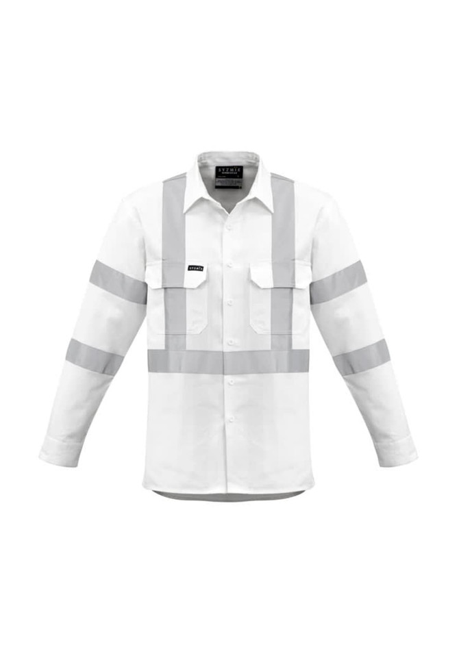 A white long sleeve work shirt with reflective strips, featuring two front pockets and a logo on the chest.