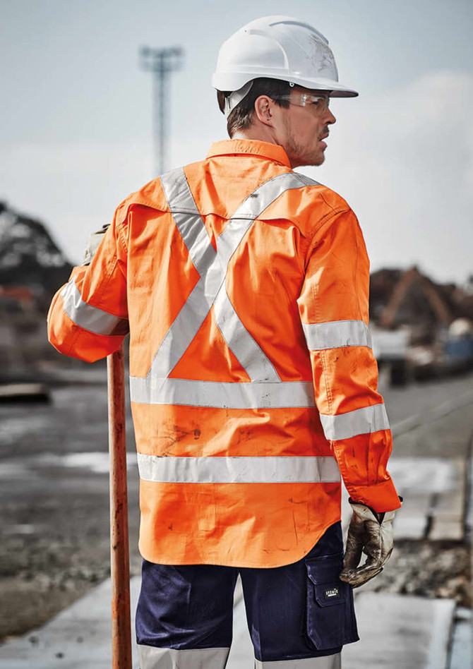 A long sleeve work shirt in high visibility orange with reflective tape, perfect for outdoor work environments.