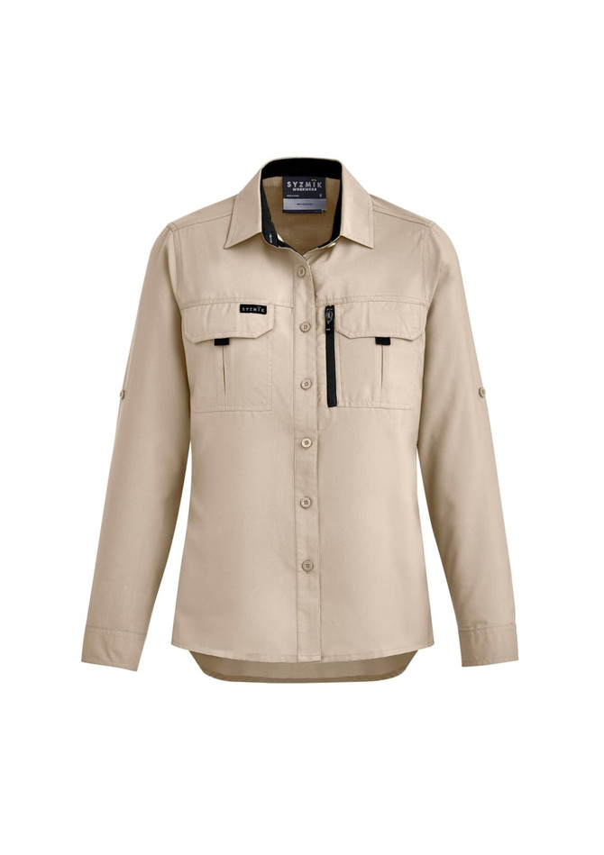 A long-sleeve women's button-up shirt in khaki, featuring two chest pockets and a zip pocket, with branding.
