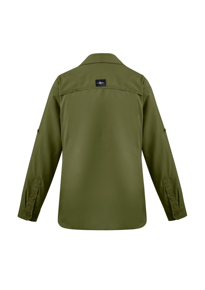 A women's outdoor long sleeve shirt in olive green, featuring button-up design and a logo on the back.