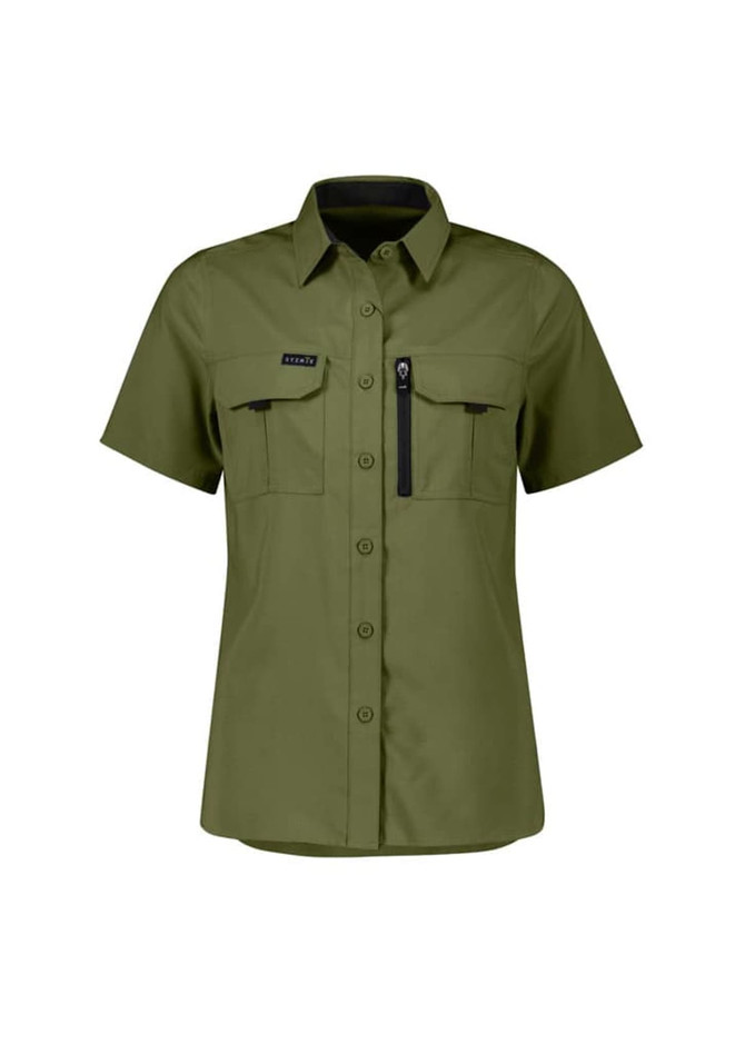 A women's outdoor short sleeve shirt in olive green with two chest pockets and a zip pocket, featuring a logo.