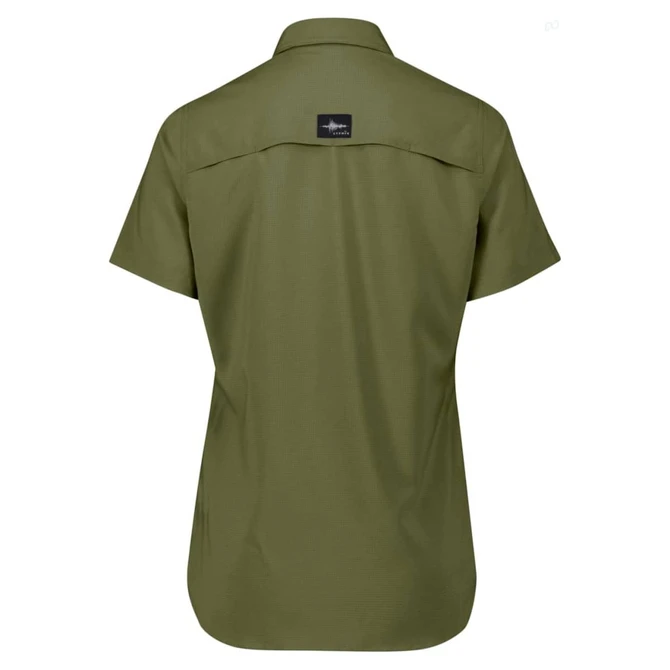 A short-sleeve women's outdoor shirt in olive green with a logo on the back.