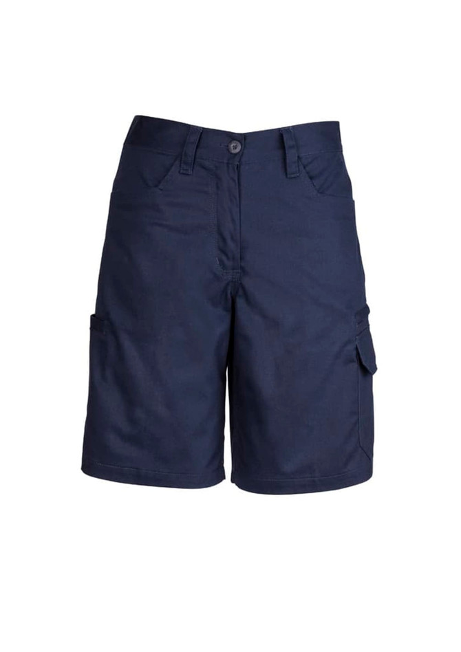 Navy blue women's utility shorts with multiple pockets and a logo on the waistband. Suitable for workwear.