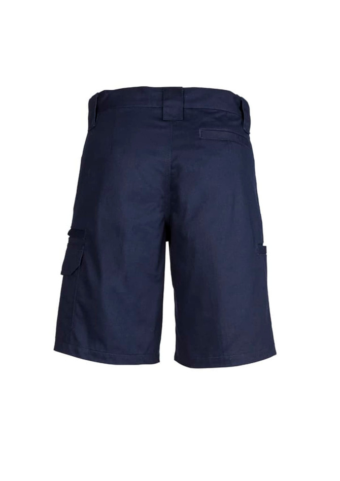 Navy women's utility shorts featuring side pockets and a waistband. The design includes a simple logo.