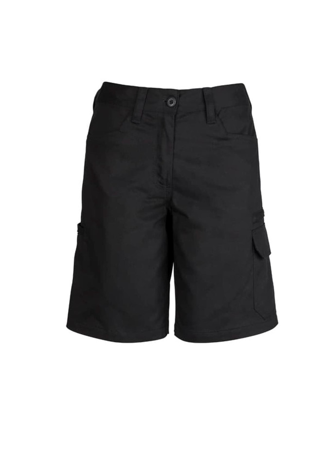 A pair of black utility shorts with side pockets and a straight fit, featuring a logo on the waistband.