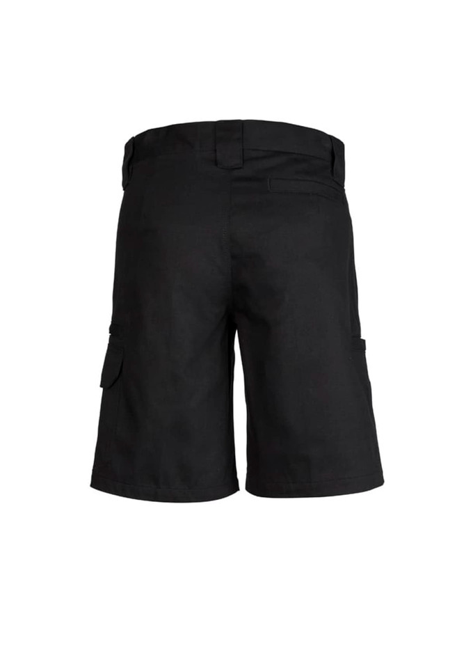 A pair of black women's utility shorts featuring side pockets and a waistband. The back view is displayed.