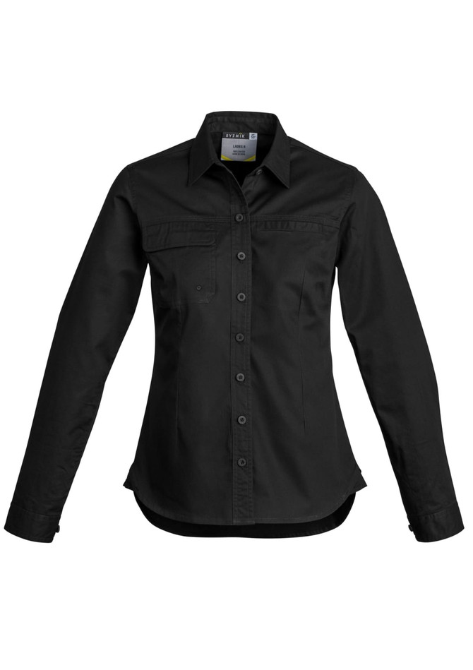 A women's lightweight long sleeve shirt in black, featuring a button-up front and a chest pocket, with branding.