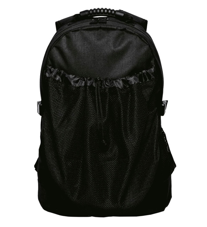 A black backpack featuring a mesh front pocket and adjustable straps, with a sleek, modern design.