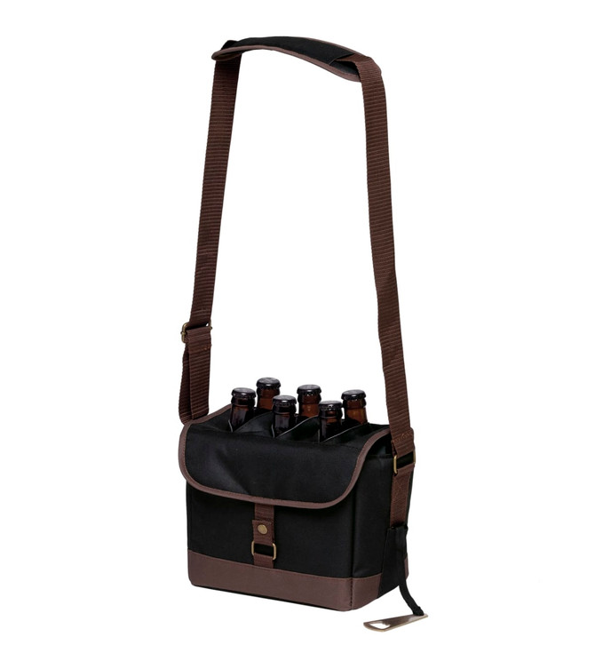 A drink bottle cooler in black and brown, featuring a shoulder strap and holding multiple bottles. It has a logo on the front.
