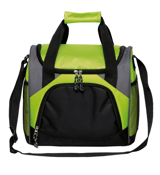 A cooler bag featuring a bright green front with black accents and dual carry handles, including a detachable shoulder strap.