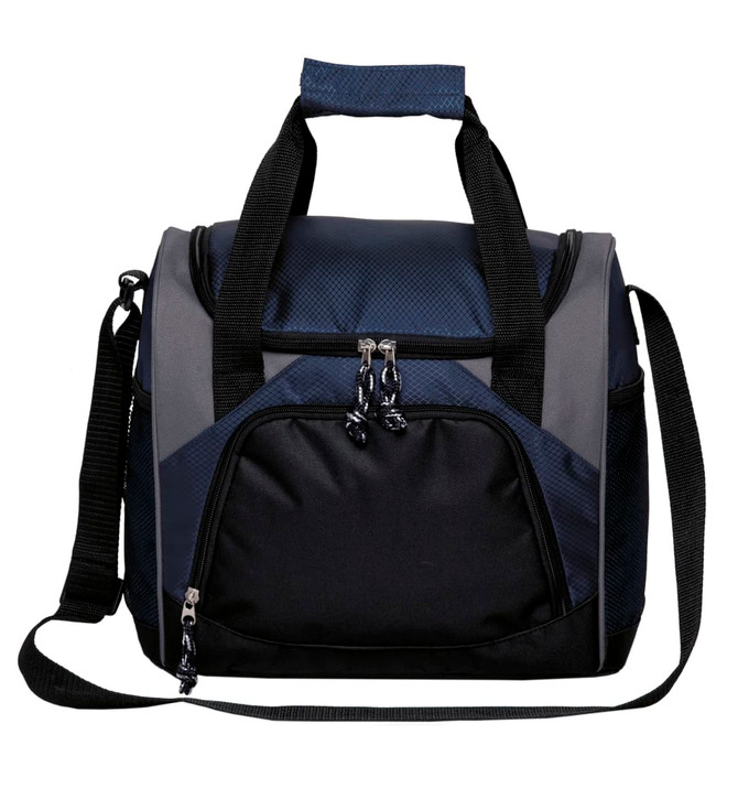 A bistro cooler bag in navy and grey with dual handles and an adjustable strap, featuring a front zip pocket.