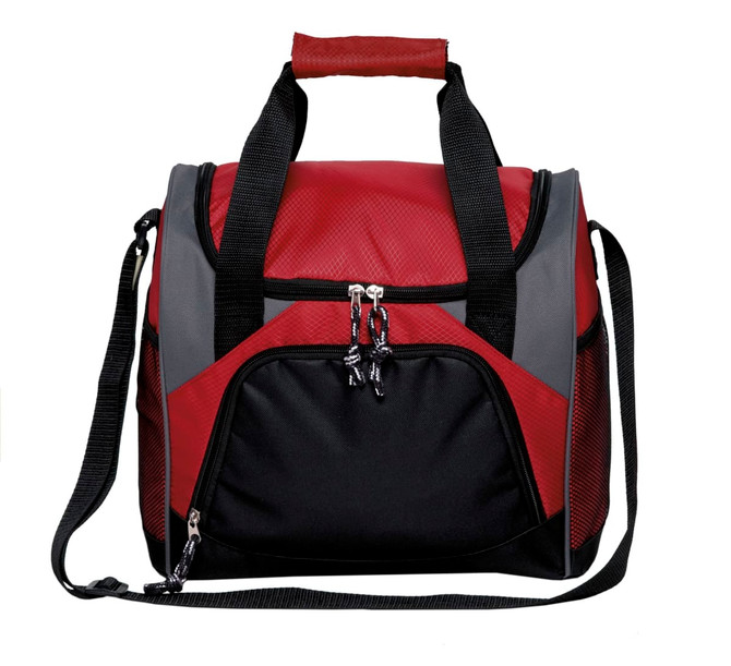 A cooler bag in red, grey, and black with dual zippers, a carrying handle, and an adjustable shoulder strap.