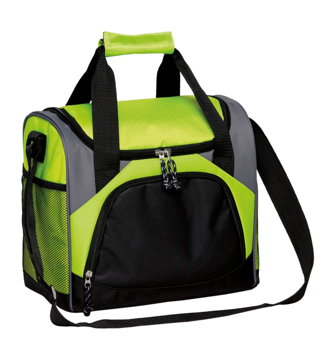 A bistro cooler bag in bright green and black, featuring a mesh design and dual handles for easy carrying.
