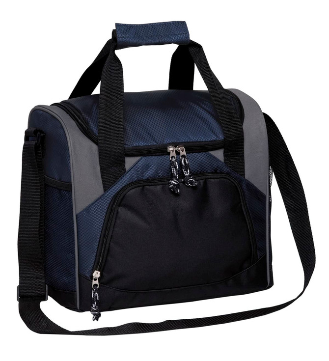 A cooler bag in navy and black, featuring a front pocket and an adjustable shoulder strap. It has a logo on the side.