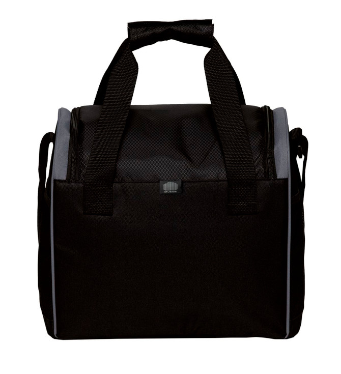 A black insulated cooler bag with two handles and a shoulder strap, featuring a textured design.