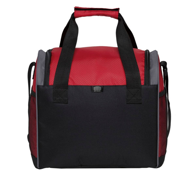 A drink cooler bag in red and black, featuring dual handles and a structured design with side mesh pockets.