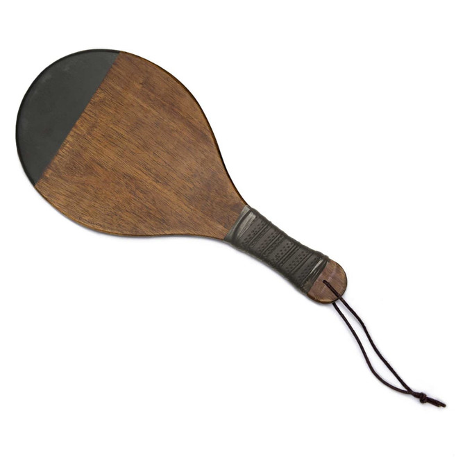 A wooden paddle tennis racket with a dark green head and a textured grip, featuring a hanging loop.