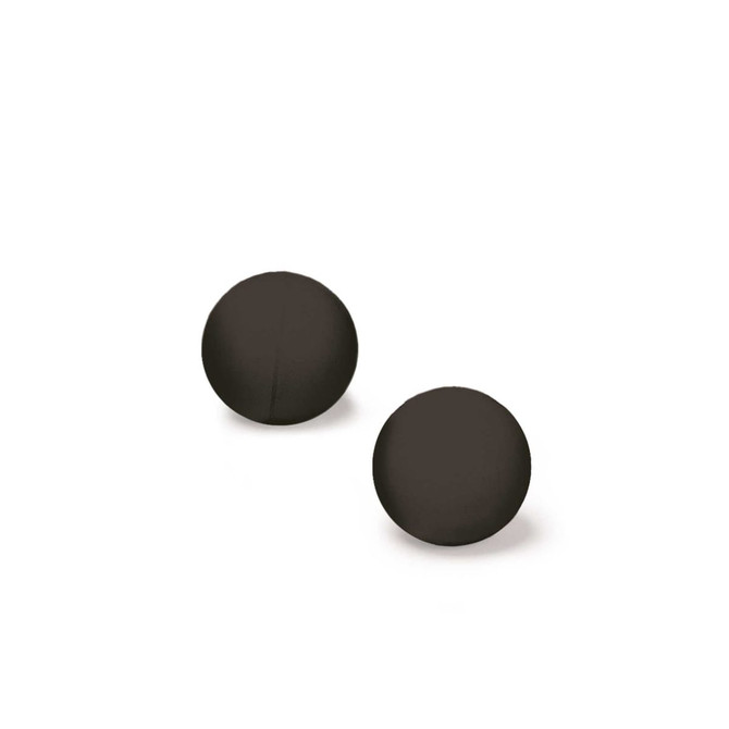 Two black paddle tennis balls positioned closely together on a white background.