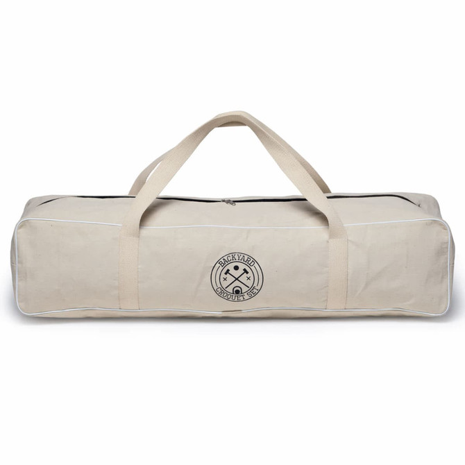 A beige canvas bag with handles, featuring a circular logo, designed for storing a croquet set.