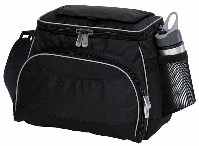 A black cooler bag with a front pocket and a side mesh pocket for a drink bottle. It has a zip closure and a sturdy handle.