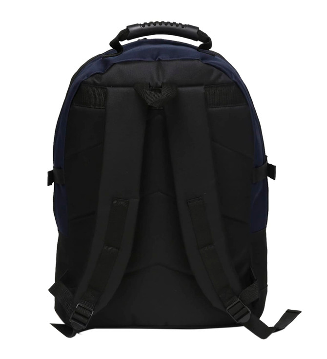 A black and navy backpack featuring adjustable straps and a top handle, with a branding logo.