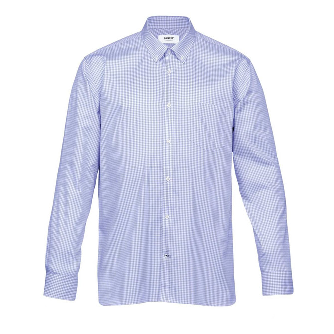 A blue and white checkered button-up shirt with long sleeves and a collar, featuring a small logo.