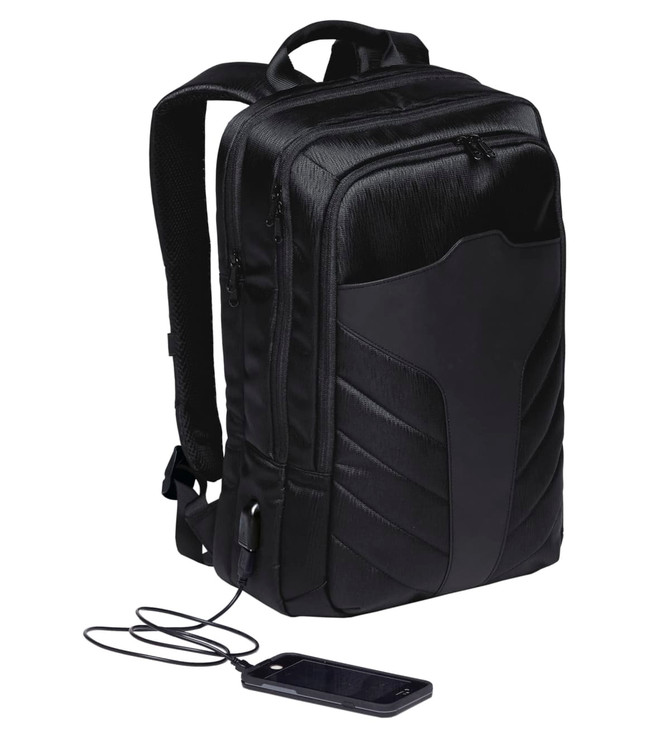 A black backpack with a sleek design, featuring a logo and a mobile charging port at the front.