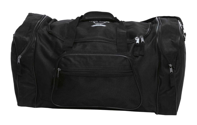 A black duffle bag featuring multiple zippered compartments and a mesh pocket, with a logo on the front.