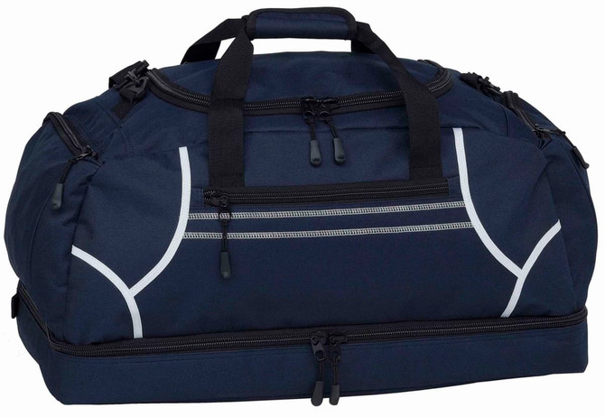 A navy duffle bag made of durable fabric, featuring multiple zippered compartments and carrying handles.