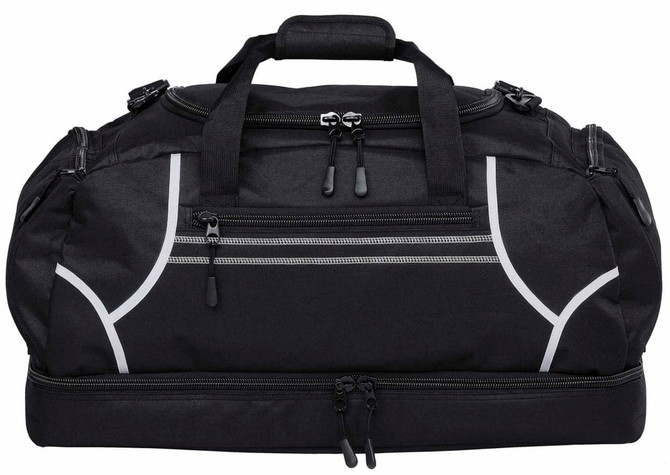 A black duffle bag with reflective accents and multiple compartments, featuring two handles and zippers.