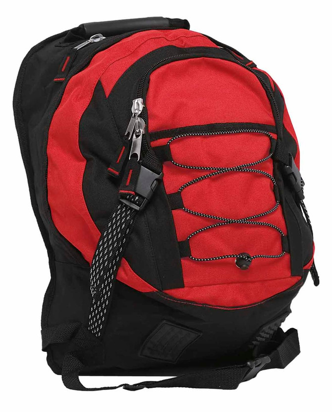 A black and red backpack featuring zippers, adjustable straps, and a branding logo.