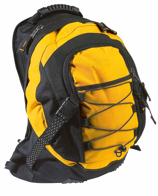 A black and yellow Stealth Backpack with multiple compartments and a textured surface, featuring a logo on the front.