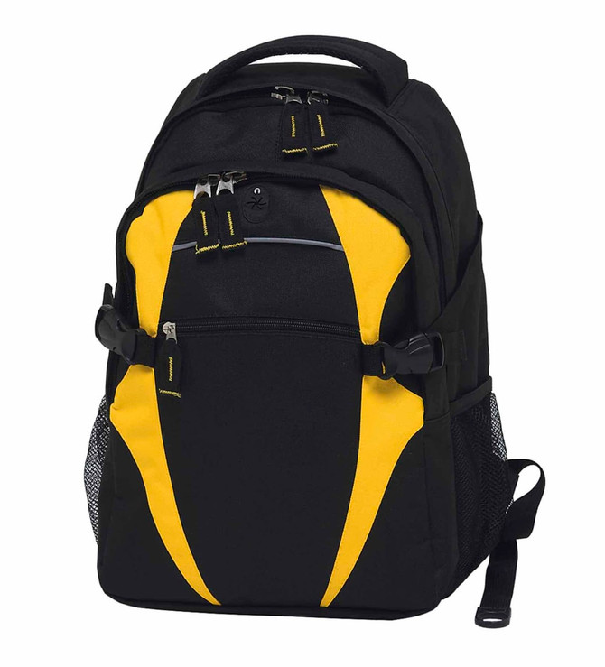 A black and yellow Spliced Zenith Backpack with multiple compartments and a side mesh pocket, featuring a logo.