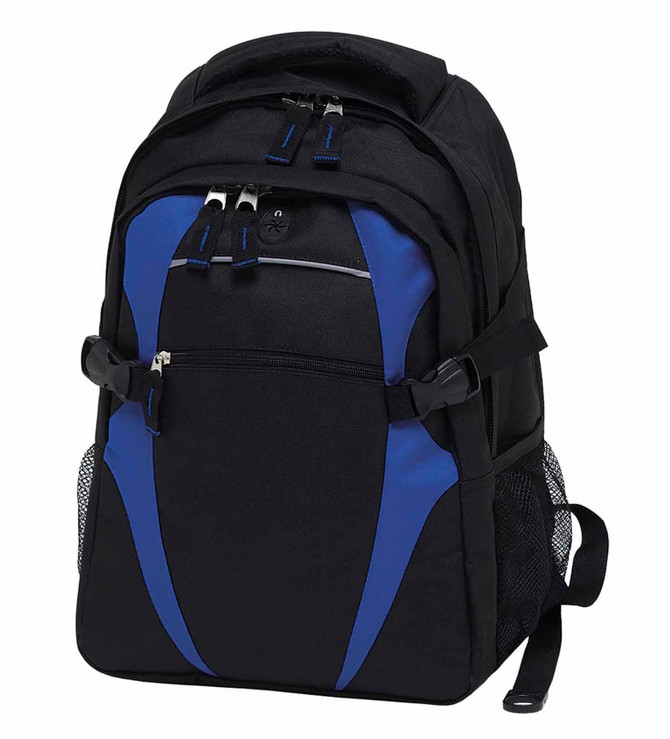 A black backpack with blue accents, featuring multiple zippered compartments and a side mesh pocket. It has a logo.