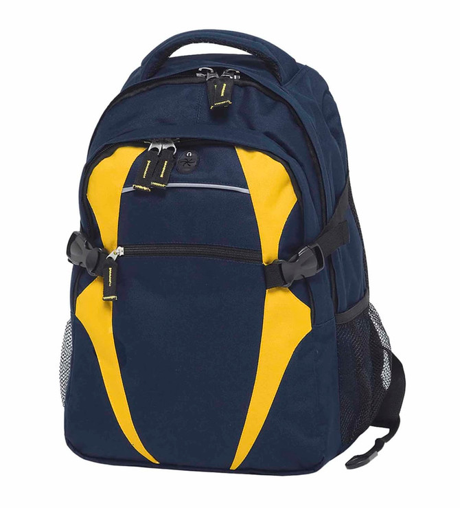 A navy and yellow backpack with multiple compartments and mesh side pockets. It features a logo on the front.