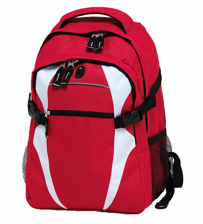 A red and white Spliced Zenith Backpack featuring multiple compartments and mesh side pockets. It has a logo.