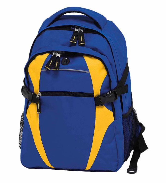 A blue and yellow backpack featuring multiple compartments, zippers, and mesh side pockets. It has a logo on the front.