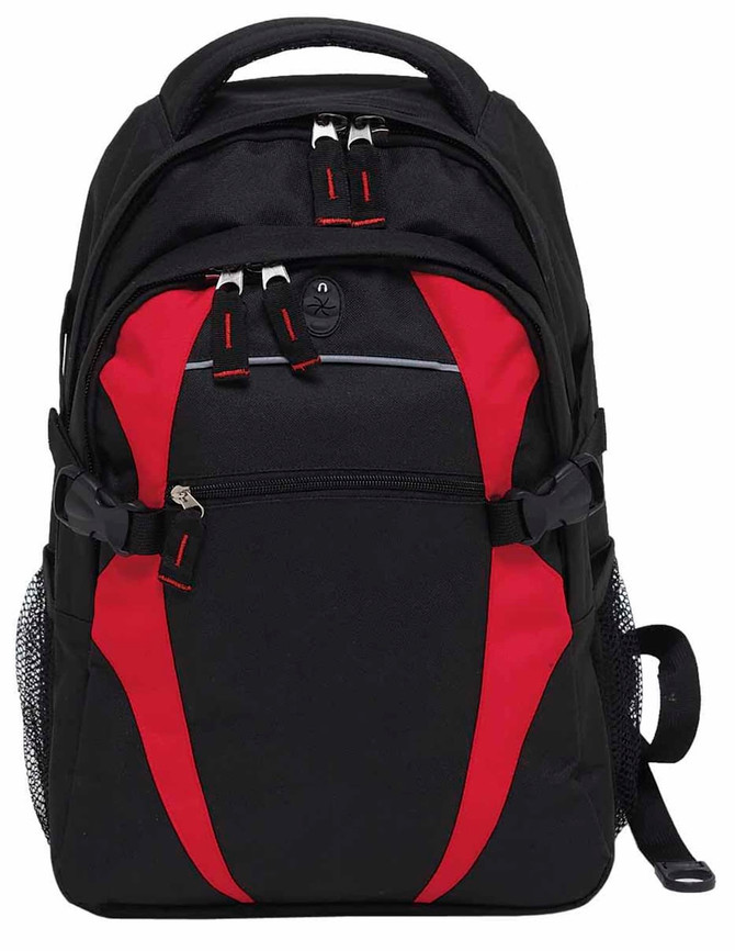 A black and red backpack featuring multiple compartments and mesh side pockets, with a logo on the front.