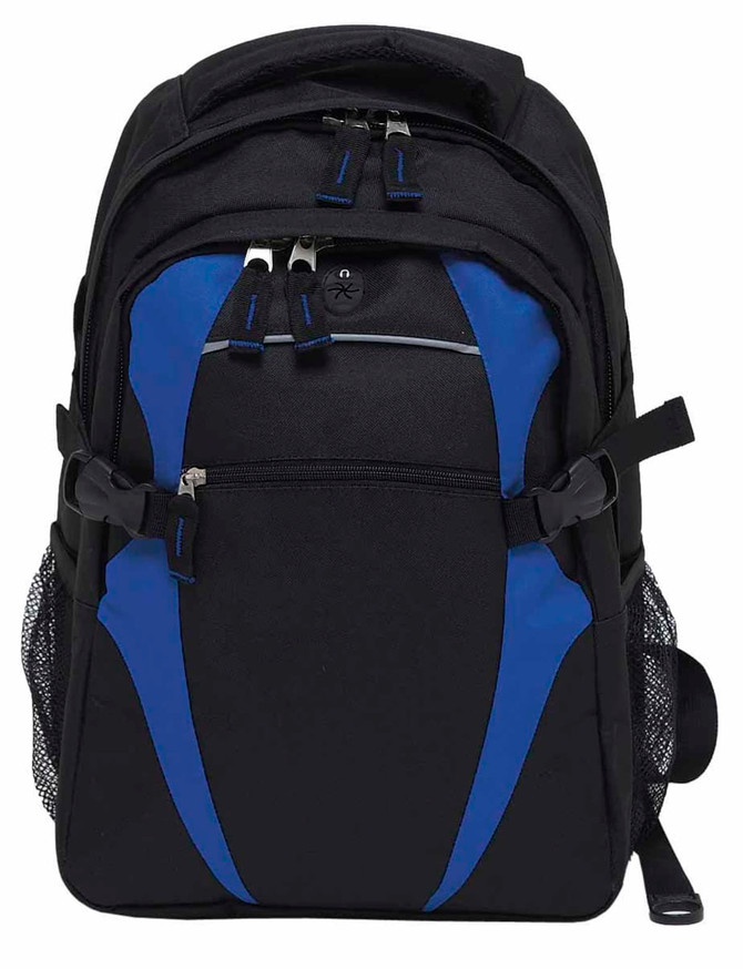 A black backpack with blue accents, featuring multiple zippers and side mesh pockets. It has a logo on the front.