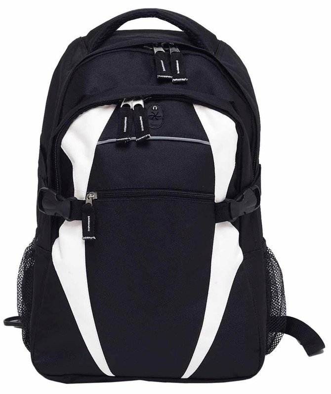 A black and white Spliced Zenith Backpack with multiple compartments and mesh side pockets. It features a branding logo.