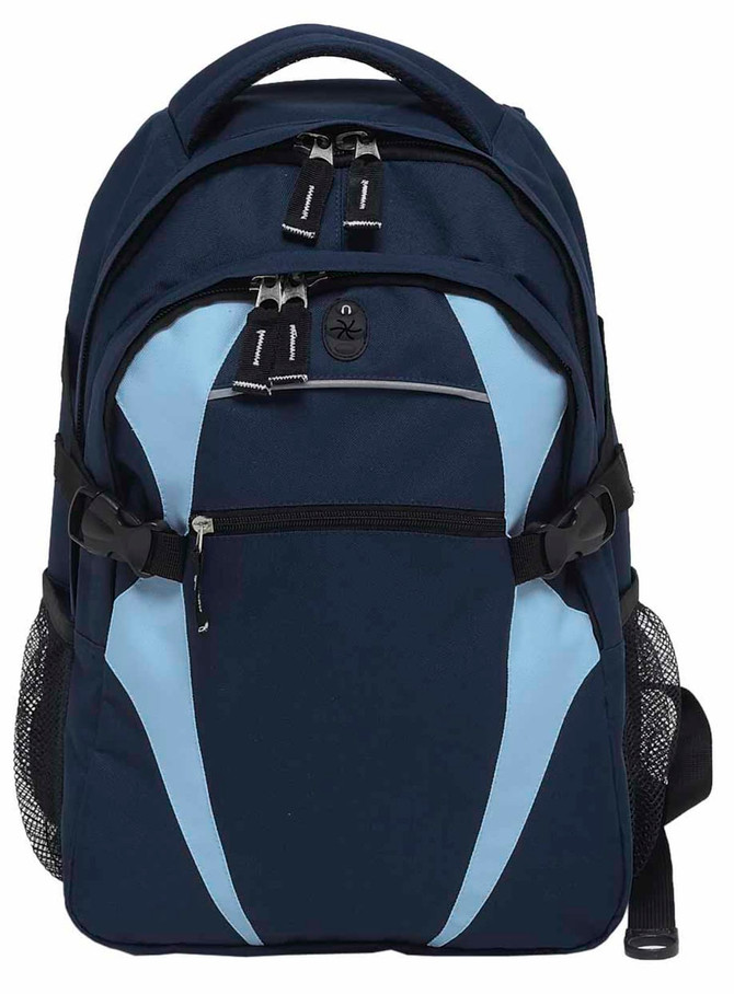 A navy and light blue spliced backpack featuring adjustable straps, pockets, and a branded logo.