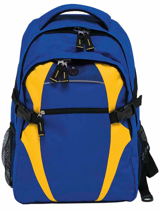 A blue and yellow Spliced Zenith Backpack featuring multiple compartments and a side mesh pocket. It has a branding logo.